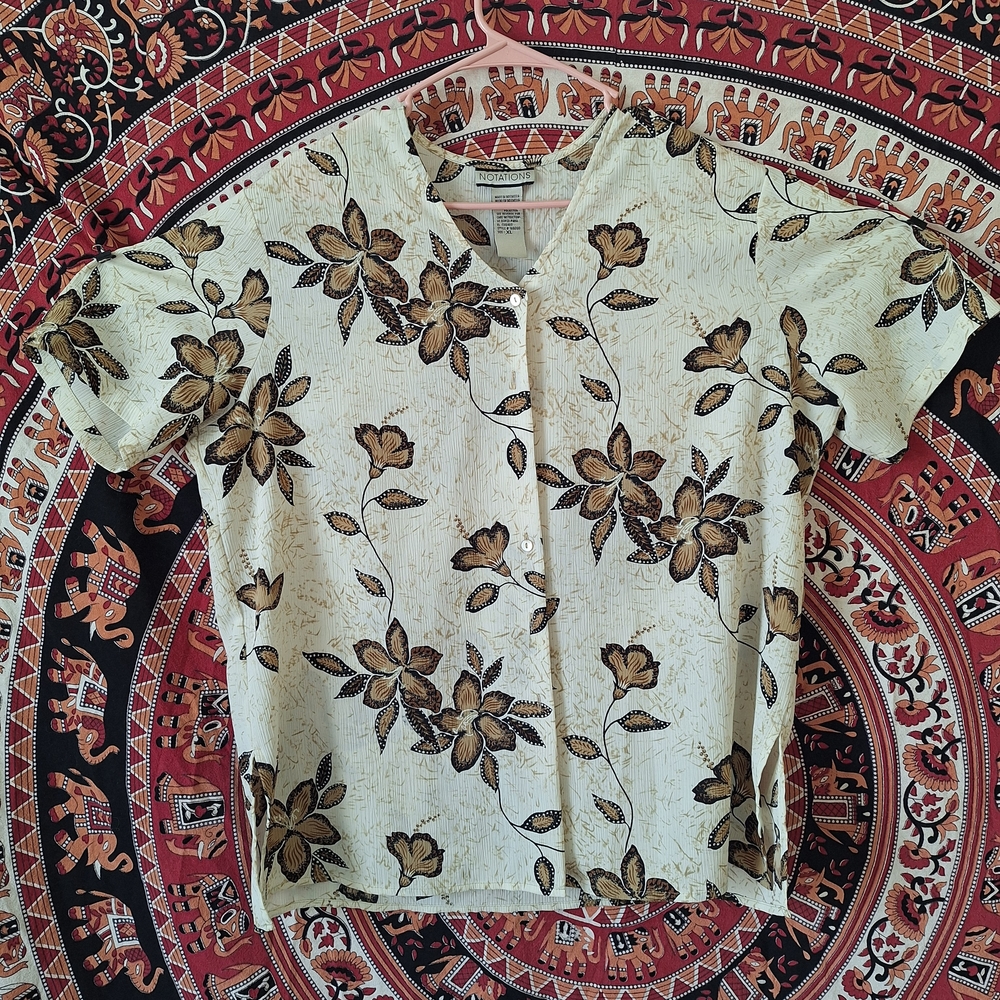 Vintage Notations Cream And Brown Floral Button Front Blouse
